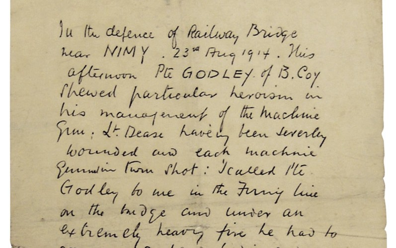 Private Godley’s commanding officer wrote this note recognising Godley’s bravery