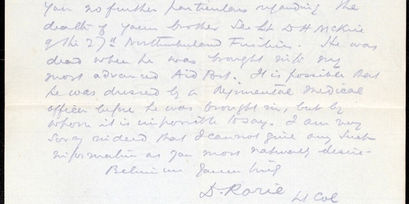 Letter sent to Helen McKie from Lieutenant Colonel Rorie of the Royal Army Medical Corps, April 1917