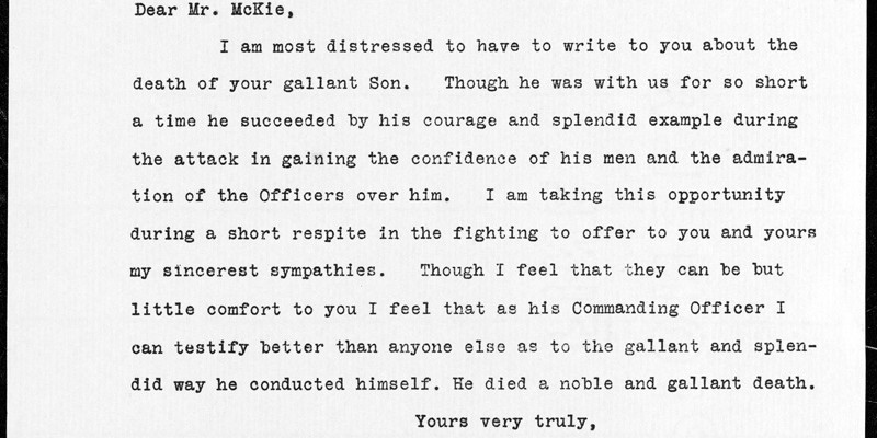 Typed transcript of a letter from Richard D Temple, Douglas McKie’s Commanding Officer, to his father on 20 April 1917