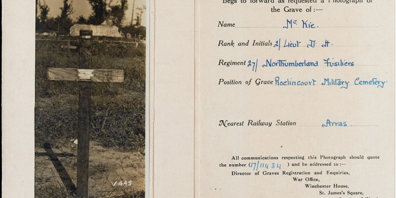 Official photograph of Douglas McKie’s grave, enclosed in a cardboard wallet with location details, c1919