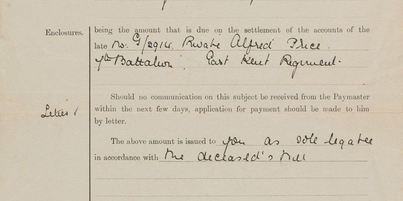 Letter from The War Office informing Private Price’s mother that she will receive the sum of £10 6s 2d from the accounts of Alfred Price, 7 Aug 1917