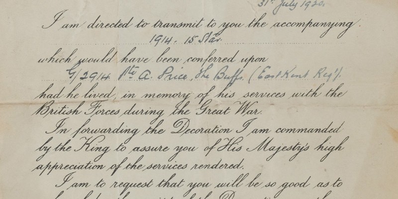 Letter from the Record Office posthumously transmitting the 1914-15 Star to Private Alfred Price, 31 July 1920