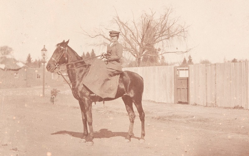 A member of the First Aid Nursing Yeomanry on horseback, c1910