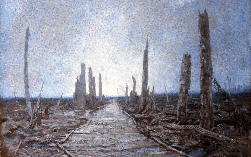 Oil painting by Private Richard Tenant Cooper, who served on this devastated and lifeless landscape, known as Warrington Road, on the Western Front, 1917