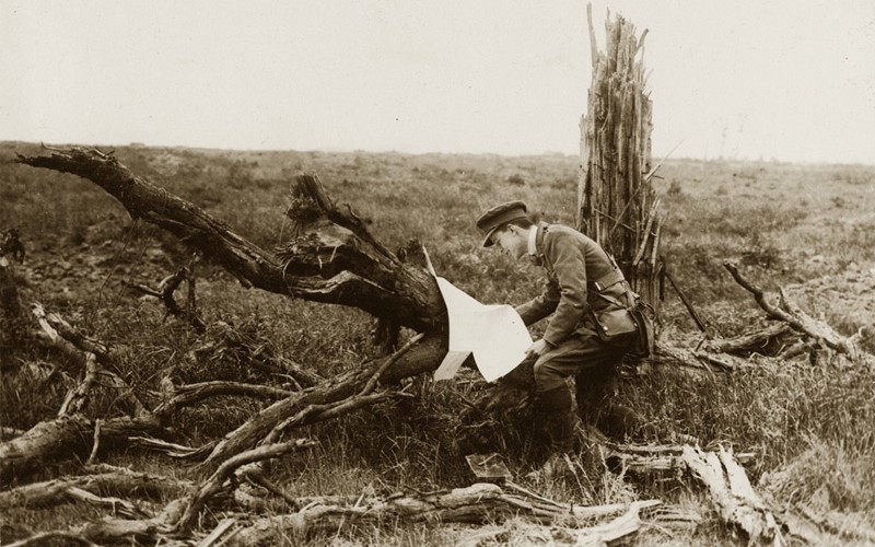 'Battle of Messines Ridge. An officer finds a German map', 1917