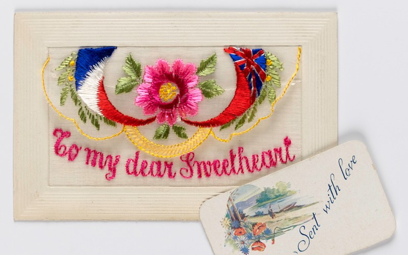 Embroidered postcard sent by Private Holland Leckie Chrismas, Machine Gun Corps, c1916