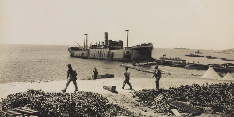 The converted steamer ‘River Clyde’, anchored at ‘V’ Beach, 1915