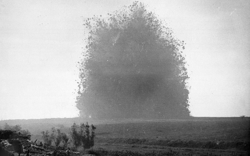 The detonation of a mine on the Somme, 1916
