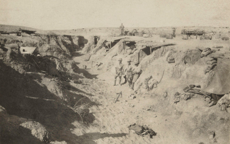 British troops in a captured wadi, a type of Turkish defence, 1917