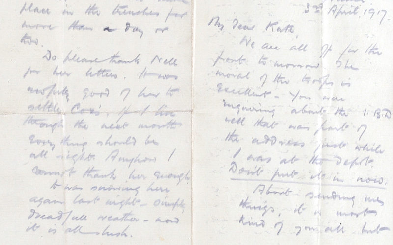 Letter from Second Lieutenant Douglas McKie to his sister Kate in which he wishes for a ‘Blighty’ a wound to send him home, 3 April 1917