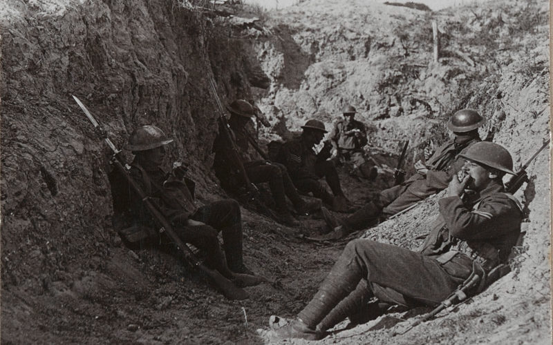 ‘Waiting in trenches near Arras for our creeping barrage to lift before pushing on’, 1917