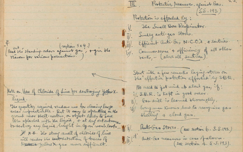 Sassoon's notebook containing notes on attacking trenches, bombing, gas and tactics, c1916