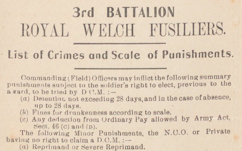 List of Crimes and Scale of Punishments leaflet for 3rd Battalion The Royal Welch Fusiliers owned by Sassoon, c1916