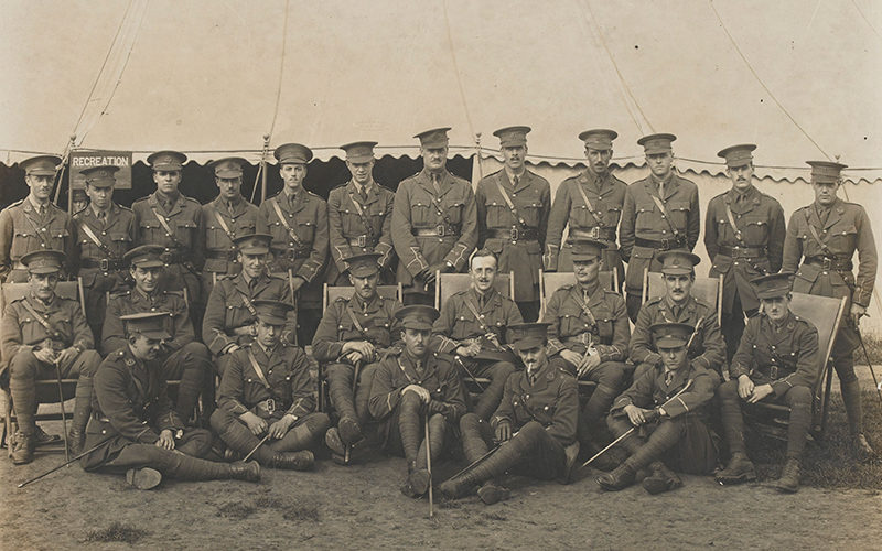 Officers of 17th (Service) Battalion The Duke of Cambridge's Own (Middlesex Regiment), including McReady-Diarmid (second left front row), c1916