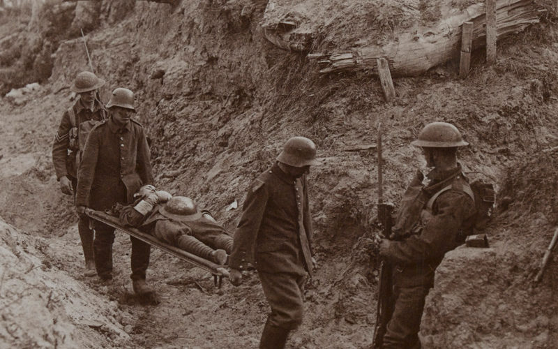 German prisoners compelled to carry the wounded, Bourlon Wood, 1917