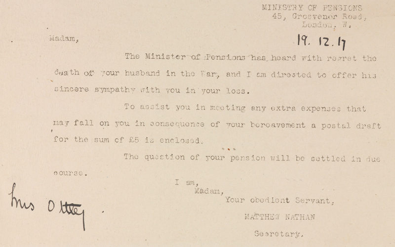 Letter from the Ministry of Pensions to Mrs Ethel A Ottley, expressing regret at the death of her husband and enclosing a money order for £5 to pay for extra expenses, 19 December 1917