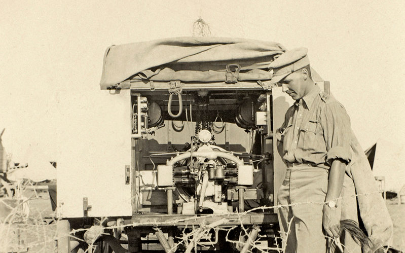 Captain William Leith-Ross next to a wireless wagon station, c1916