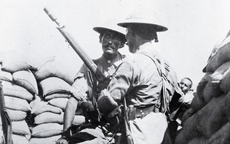 A soldier preparing to fire a rifle grenade in Mesopotamia, 1917