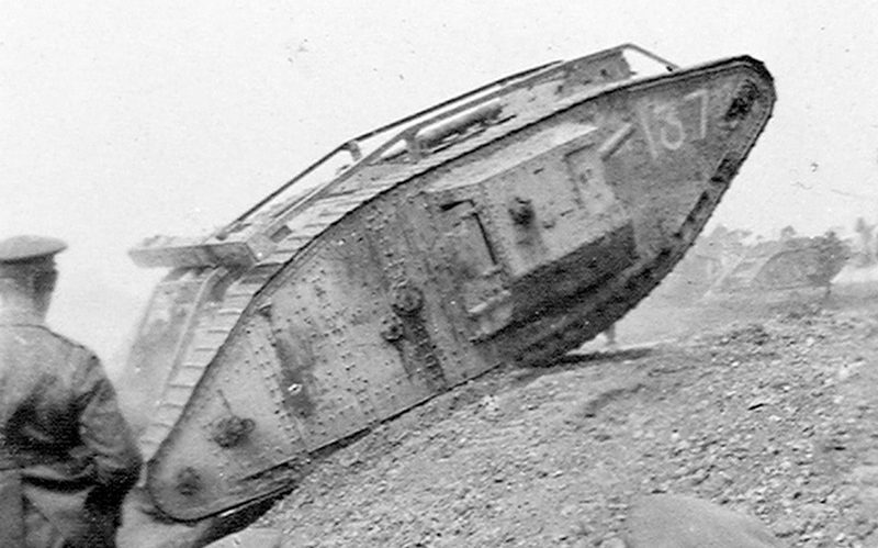 A Mark V tank, of the type used at Amiens, undertakes battle trials, 1918