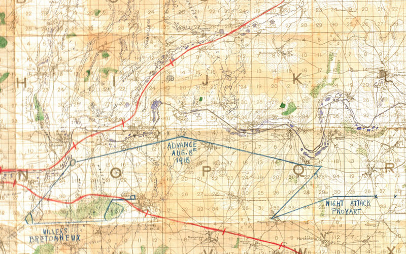 Map covering the area east of Amiens and showing the locality of the night tank attack on Proyart, August 1918
