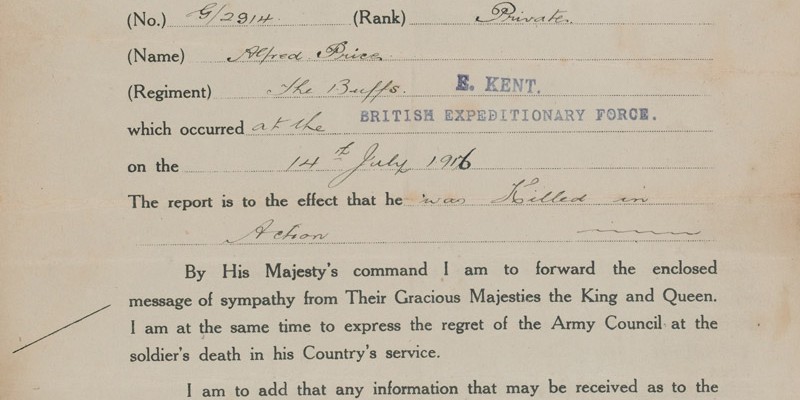 Army Form B 104-82, informing Private Price’s mother on 11 April 1917 that a report has been received from the War Office notifying the death of Alfred Price on 14 July 1916