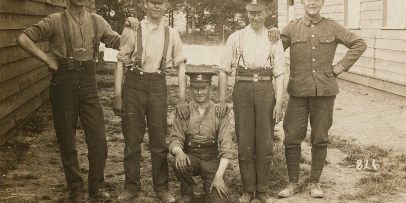 Group photograph of five soldiers from The Buffs, c1916. Private Alfred Price is pictured second from the left.