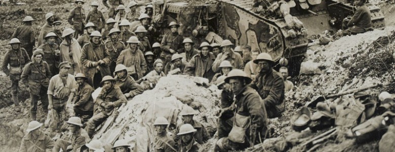 A Mark I tank surrounded by troops of 122nd Brigade, 17 September 1916