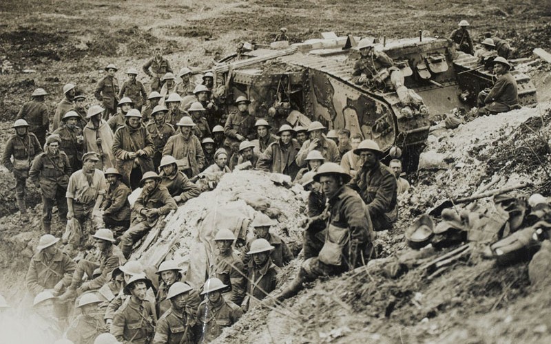 A Mark I tank surrounded by troops of 122nd Brigade, 17 September 1916
