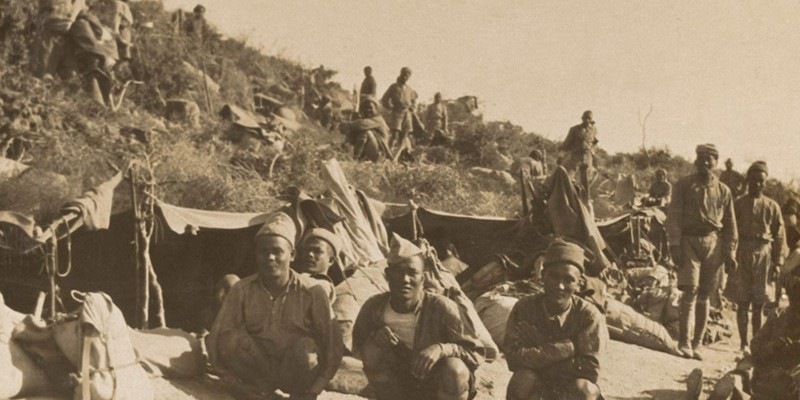 ‘5th Gurkhas’, Gurkha Rifles in bivouacs (a temporary camp without tents or cover), Gallipoli, 1915