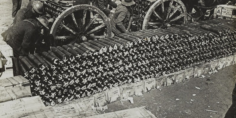 New Zealand troops loading ammunition limbers, September 1918