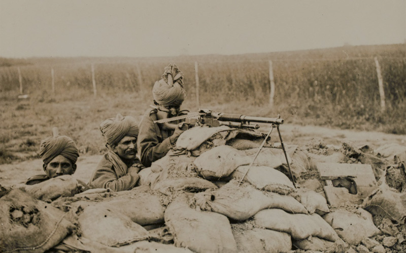 A Benet-Mercier machine gun section of 2nd Rajput Light Infantry in action in Flanders, 1915
