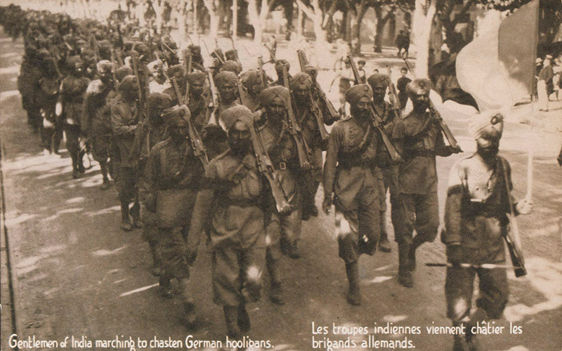 'Gentlemen of India marching to chasten German hooligans', 1914