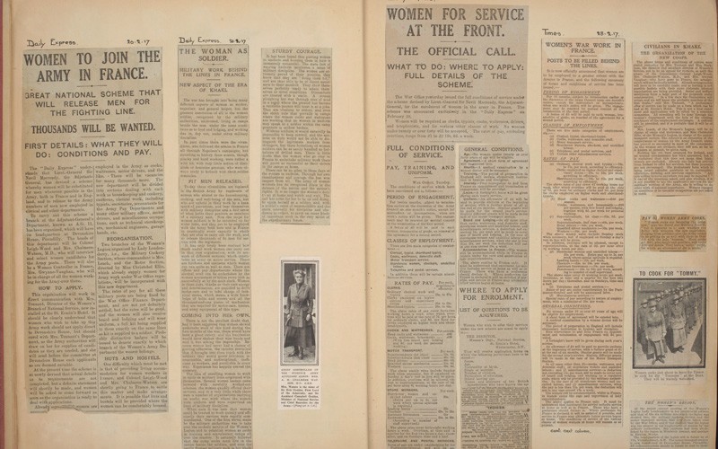 This page from Florence’s scrapbook features cuttings from February 1917 announcing that women workers will be sent to France