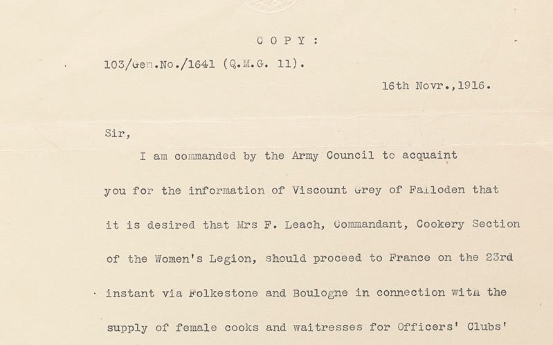 Letter to Foreign Secretary Edward Grey, seeking a passport for Mrs Florence Leach who will be travelling to France to visit Officers’ Clubs and canteens, 16 November 1916