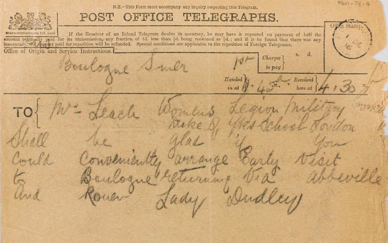 Telegram from Lady Rachel Dudley to Florence Leach regarding her visit to France, 1 December 1916