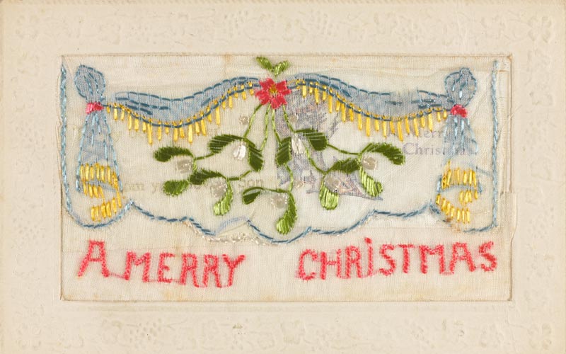 Embroidered Christmas card sent from Private Philip JL Poole to his mother in 1917