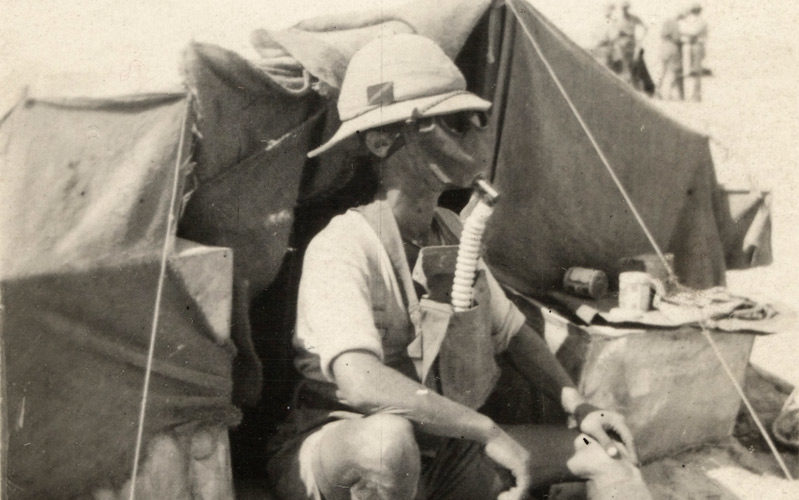 Joseph wearing a gas mask in Palestine, 1917
