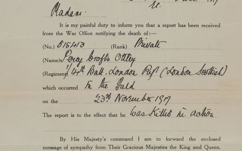 Army Form B.104 from the Infantry Record Office informing Mrs Ethel A Ottley of the death of her husband, 8 December 1917 