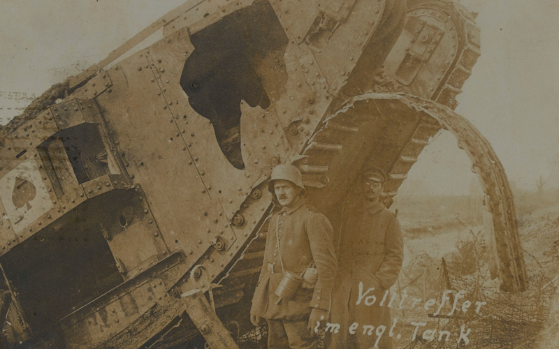A wrecked British tank, November 1917