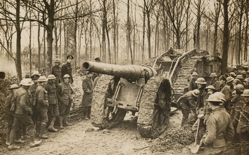 A tank towing a heavy artillery piece captured at Cambrai, 29 November 1917
