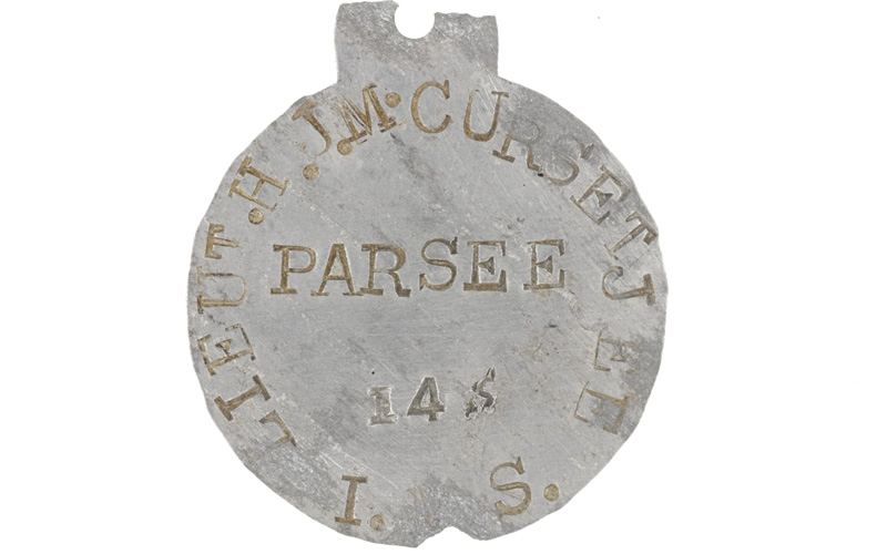 Identity tag worn by Lieutenant Heerajee Cursetjee, c1914
